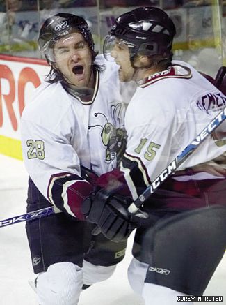 The Stingers’ Brett Beauchamp (left) and Marc-André Element just after the only Concordia goal scored in the Corey Cup at the Bell Centre.